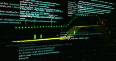 Siyah arkaplana karşı programlama dili olan çoklu desenli grafiklerin animasyonu. Dijital olarak üretilmiş, hologram, rapor, finans, kodlama, iş ve teknoloji kavramı.