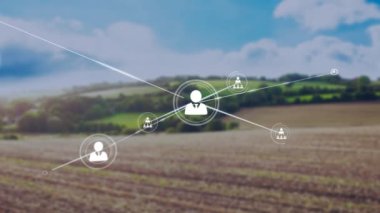 Manzara üzerindeki simgelerle bağlantı ağının animasyonu. Dijital olarak oluşturulmuş küresel bağlantılar, bilgisayar ve dijital arayüz kavramı.