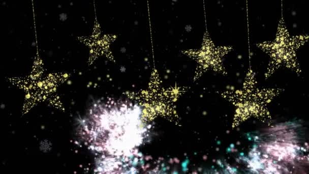 Animation Feux Artifice Étoiles Dorées Sur Fond Noir Noël Hiver — Video