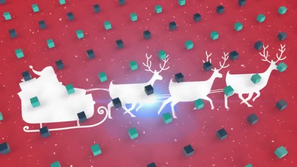 Kırmızı Arka Planda Ren Geyiği Noel Baba Nın Üzerine Düşen — Stok video