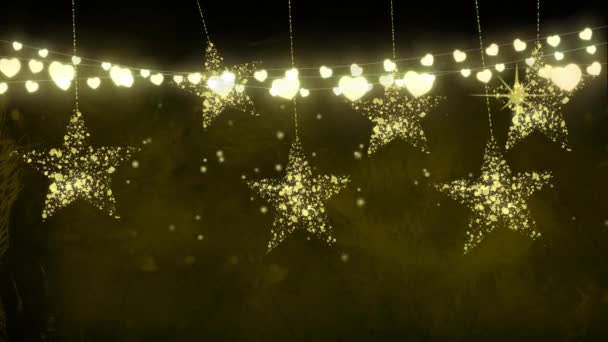 Animación Cadenas Ligeras Estrellas Doradas Sobre Fondo Dorado Navidad Invierno — Vídeo de stock