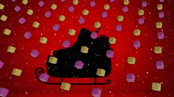 Анимация Кубиков Снега Падающих Над Санта Клаусом Санях Красном Фоне — стоковое видео