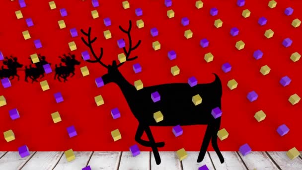 Animazione Cubi Sopra Babbo Natale Slitta Con Renne Sfondo Rosso — Video Stock
