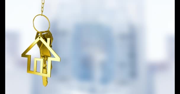 Animation Key House Keychain Blurred Background Moving House Concept Digitally — Stock Video