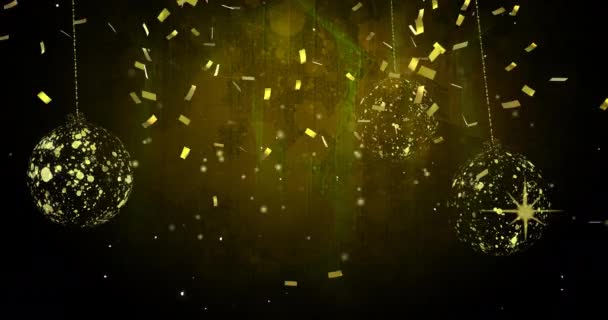 Animatie Van Confetti Gouden Kerstballen Zwarte Achtergrond Kerst Winter Traditie — Stockvideo