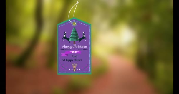 Animacja Tagu Podarunkowego Szczęśliwym Tekstem Świątecznym Ikonami Rozmytym Tle Tradycja — Wideo stockowe