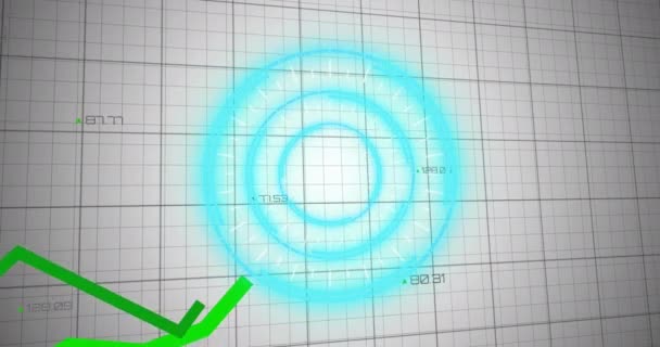 Animação Círculos Iluminados Com Gráficos Linha Verde Dígitos Sobre Padrão — Vídeo de Stock