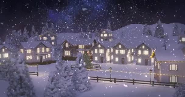 Animation Von Schnee Der Über Beleuchtete Häuser Winterlicher Landschaft Fällt — Stockvideo