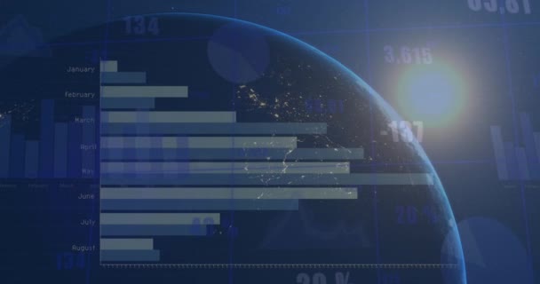 Animação Processamento Dados Sobre Globo Fundo Azul Conceito Tecnologia Global — Vídeo de Stock
