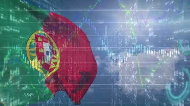 ポルトガルの国旗に関するデータ処理のアニメーション グローバル愛国心とデジタルインターフェースの概念デジタル生成されたビデオ — ストック動画