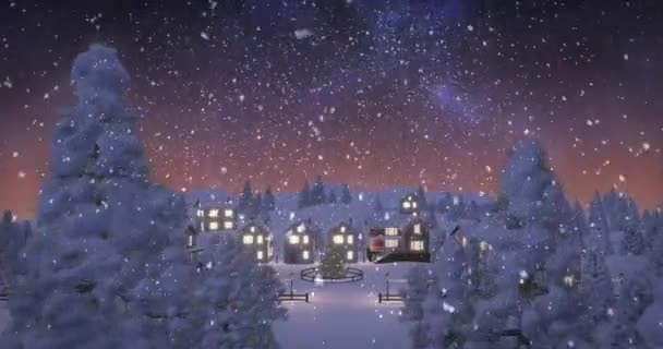 Animatie Van Sneeuw Vallen Verlichte Huizen Winter Landschap Kerstmis Winter — Stockvideo