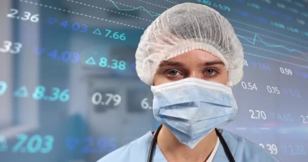Animering Ekonomiska Data Och Diagram Över Kaukasiska Kvinnliga Kirurg Ansiktsmask — Stockvideo