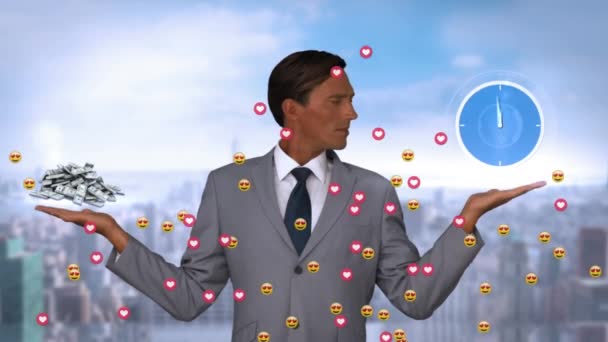 Animación Iconos Emoji Sobre Hombre Negocios Caucásico Sosteniendo Reloj Las — Vídeos de Stock