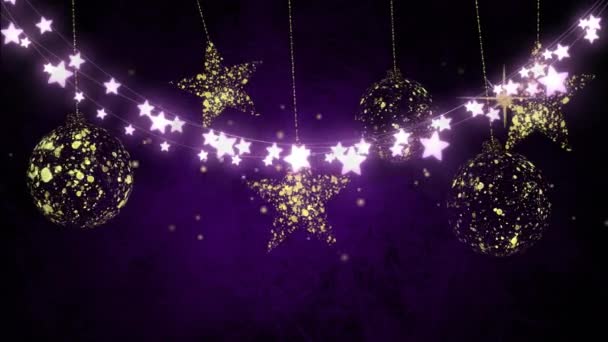 Анимация Легкой Цепи Золотых Безделушек Звезд Фиолетовом Фоне Рождество Зима — стоковое видео
