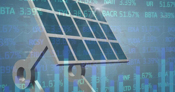 Image of stock market and statistical data processing over solar panel against blue background. Global economy and solar energy technology concept