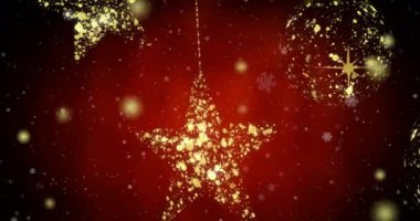 Altın yıldızların üzerindeki noktaların ve kırmızı arka plandaki mücevherlerin animasyonu. , noel, kış, gelenek ve yeni yıl konsepti dijital olarak oluşturulmuş video.