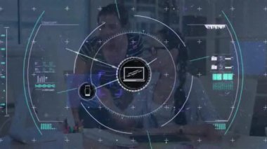 Animation of network of connections over diverse business people in office. Global business and digital interface concept digitally generated video.