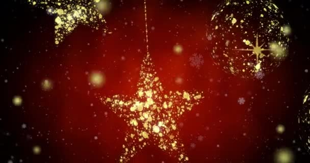 Animação Pontos Sobre Estrelas Douradas Bugigangas Sobre Fundo Vermelho Natal — Vídeo de Stock