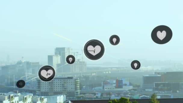 Анімація Мережі Язків Над Містом Концепція Глобального Бізнесу Цифрового Інтерфейсу — стокове відео