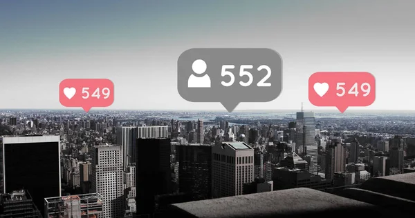 Image of social media reactions over cityscape. Social media, communication, connections, global network and new technology concept digitally generated video.
