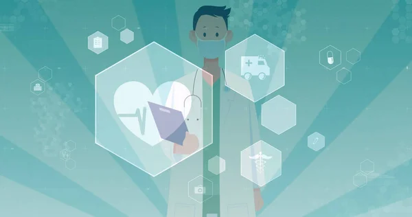 Illustration of heart, ambulance and medical icons in hexagon shape over doctor wearing mask. Blue background, vector, copy space, abstract, world health day, medical and healthcare concept.