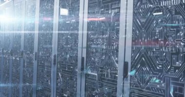 Animation of mathematical equations and data processing over server room. Global technology, computing and digital interface concept digitally generated video.