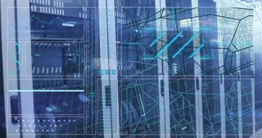 Bilgisayar sunucularına karşı veri işleme ve matematiksel denklemlerle arayüzün animasyonu. Bilgisayar arayüzü ve iş veri depolama teknolojisi kavramı