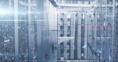 Bilgisayar sunucu odasına karşı matematik denklemleri ve veri işleme animasyonları. Bilgisayar arayüzü ve iş veri depolama teknolojisi kavramı