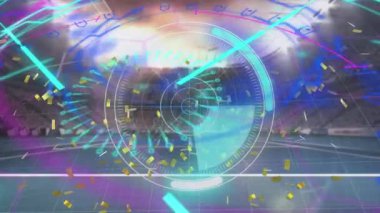 Spor stadyumunda veri işleme animasyonu. Küresel spor ve dijital arayüz kavramı dijital olarak oluşturulmuş video.