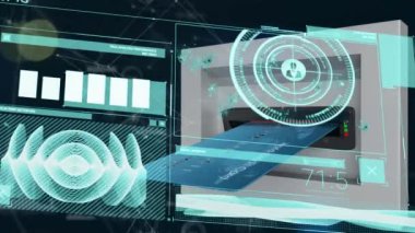 Siyah arkaplanda bağlantı ağı ve kredi kartı üzerinden veri işleme animasyonu. Teknoloji, bilgisayar ve dijital arayüz kavramı dijital olarak oluşturuldu.