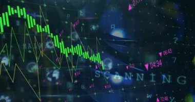 Siyah arkaplanda veri işleme animasyonu. Teknoloji, bilgisayar ve dijital arayüz kavramı dijital olarak oluşturuldu.