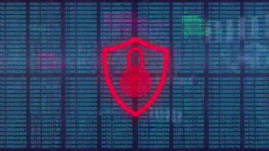 Kırmızı kalkanın ve dijital arayüzün karanlık arka planda canlandırılması. Dijital olarak oluşturulmuş küresel veri işleme kavramı.