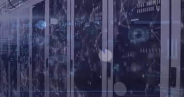 Animation of mathematical equations and data processing over server room. Global technology, computing and digital interface concept digitally generated video.