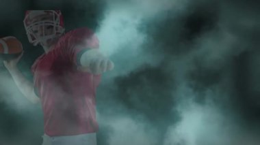 Kafkas erkek rugby oyuncusunun siyah bulutlarda fotokopi uzayına fırlattığı animasyon. Spor ve teknoloji kavramı