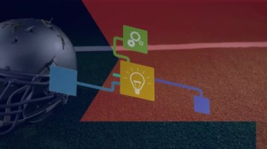 Dijital simgelerden oluşan bir ağın çimenlikteki ragbi kaskına karşı animasyonu. Bilgisayar arayüzü ve spor teknolojisi kavramı