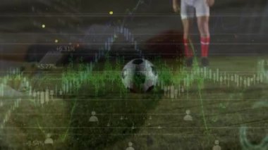 Futbolcu üzerinden finansal veri işleme animasyonu. Dijital olarak oluşturulan küresel spor ve veri işleme kavramı.