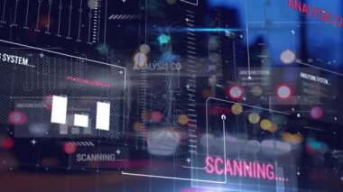 Gece şehir trafiğine karşı veri işleme arayüzünün animasyonu. Bilgisayar arayüzü ve iş teknolojisi kavramı