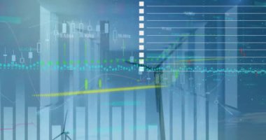 Bilgisayar sunucu odasına karşı dönen yel değirmeninin istatistiksel veri işleme animasyonu. Yenilenebilir enerji ve iş veri depolama teknolojisi kavramı