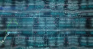 Siyah arkaplanda asma kilit simgesi üzerinde veri işleme animasyonu. Teknoloji, çevrimiçi güvenlik ve dijital arayüz kavramı dijital olarak oluşturulmuş video.