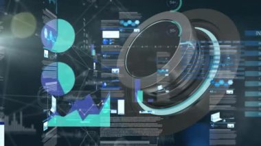 Karanlık arka planda dijital arayüz ve veri işleme animasyonu. Dijital olarak oluşturulan bağlantı ve veri işleme konsepti küresel ağı.