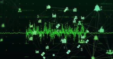 Animation of media icons over data processing. Global business and digital interface concept digitally generated video.