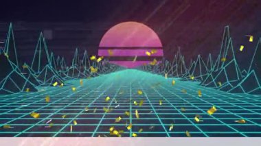 Koyu arkaplan üzerinde parlayan neon geometrik şekillerin ve manzaranın animasyonu. Arkaplan ve hareket kavramı dijital olarak oluşturulmuş video.