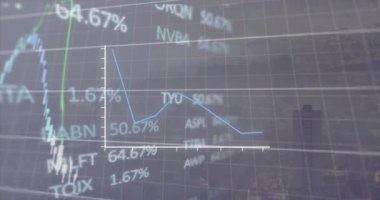 Şehir manzarasının havadan görüntüsüne karşı istatistiksel ve borsa veri işleme animasyonu. Küresel ekonomi ve iş veri teknolojisi kavramı