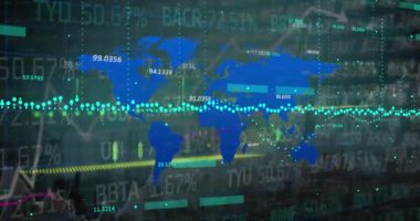 Karanlık arka planda finansal veri işleme animasyonu. Küresel iş ve veri işleme kavramı dijital olarak oluşturulmuş video.