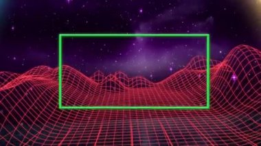 Kırmızı arka plandaki dijital dağların üzerindeki şekillerin animasyonu. Küresel teknoloji, sosyal medya ve dijital arayüz kavramı dijital olarak oluşturulmuş video.