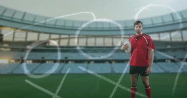Stadyumda elinde ragbi topu olan beyaz bir adam için animasyon planı. Spor, rekabet ve strateji konsepti dijital olarak oluşturulmuş video.