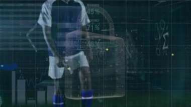 Futbolcu üzerinden finansal veri işleme animasyonu. Dijital olarak oluşturulan küresel spor ve veri işleme kavramı.