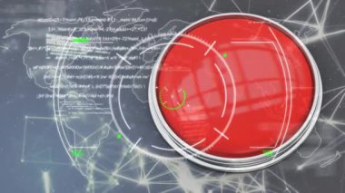 Veri işleme animasyonu ve gri arkaplan üzerinde kırmızı düğme. Dijital olarak oluşturulan bağlantı ve veri işleme konsepti küresel ağı.