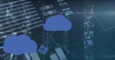 Bu video hisse senedi piyasasını rakamlar ve grafiklerle gösteriyor. Borsada fiyat yükseliyor ve düşüyor. Bilgisayar işlemcileri mavi arkaplanda veri kaydediyor..