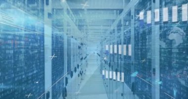 Animation of mathematical equations and data processing over server room. Global technology, computing and digital interface concept digitally generated video.